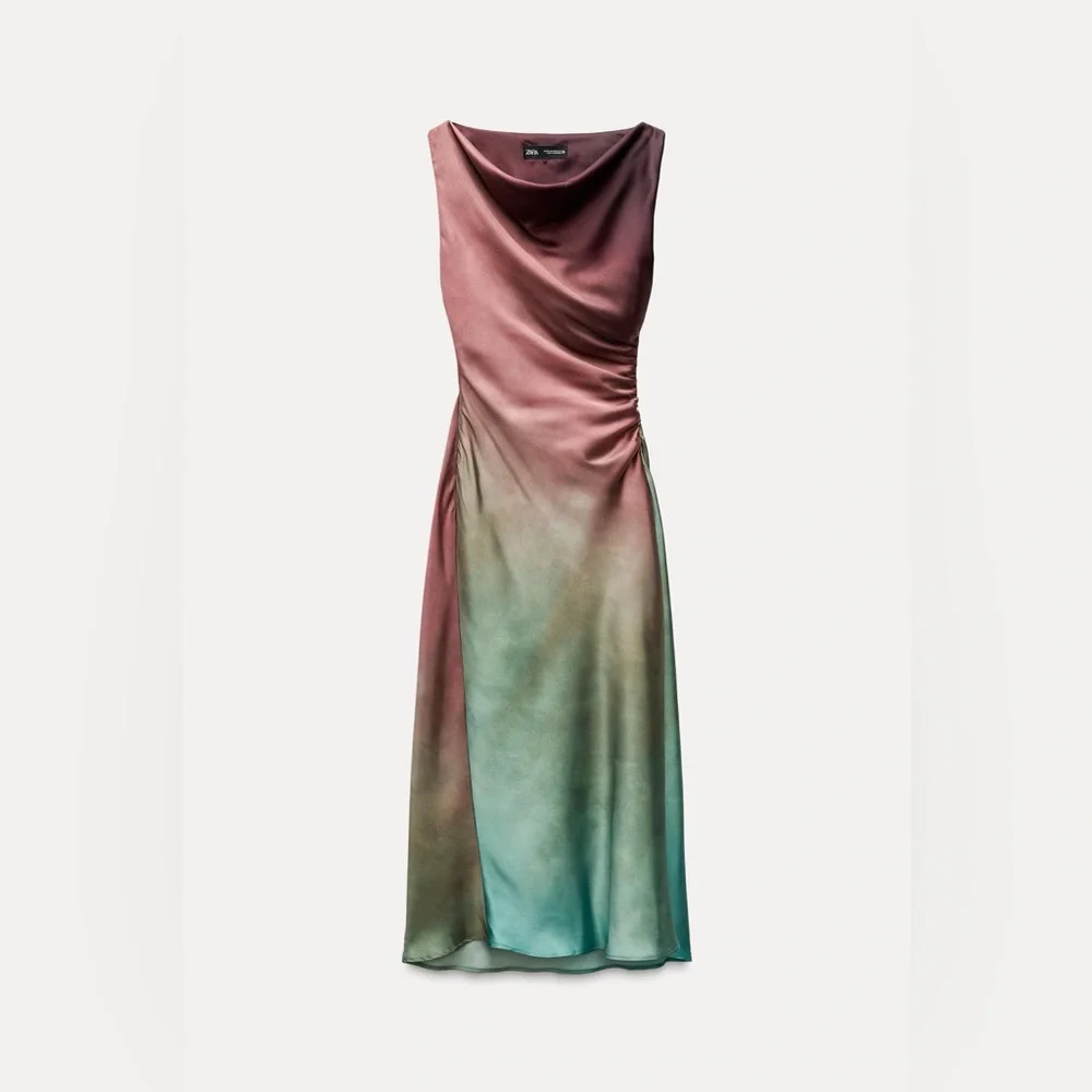Zara dress midi satin tie dye fitted bodycon casual evening wedding cowl neck - Picture 9 of 13